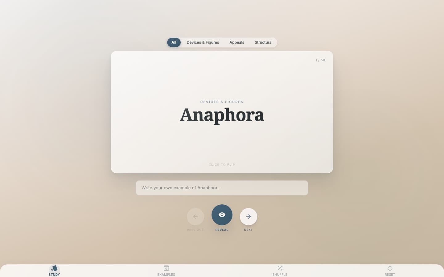 AP Lang Flashcards: a single card reading “Anaphora” on a soft beige background.