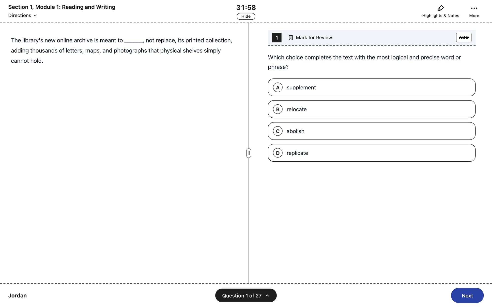 The Apex SAT practice-test room: a fill-in-the-blank reading question on the left, four answer choices on the right, a 31:58 timer at the top and a question navigator at the bottom.