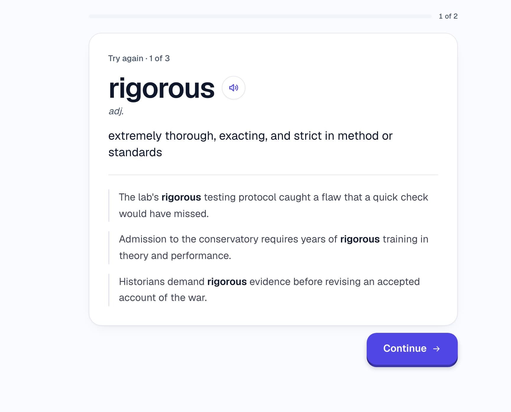 An Apex SAT vocabulary card for 'rigorous': the adjective's definition, a pronunciation button and three example sentences, with a Continue button.
