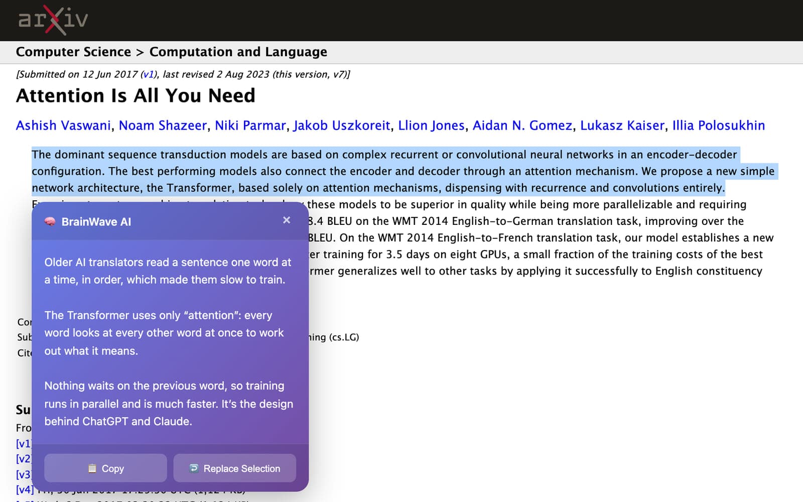 The arXiv page for 'Attention Is All You Need' with part of the abstract highlighted and a purple BrainWave AI panel explaining it in plain language.