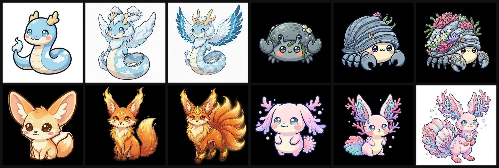 Three evolution stages each for four Ippo pets: a cloud serpent that grows wings, a pebble crab that grows a coral-covered shell, a fennec fox that becomes a fiery fox, and a coral bunny that grows coral antlers.