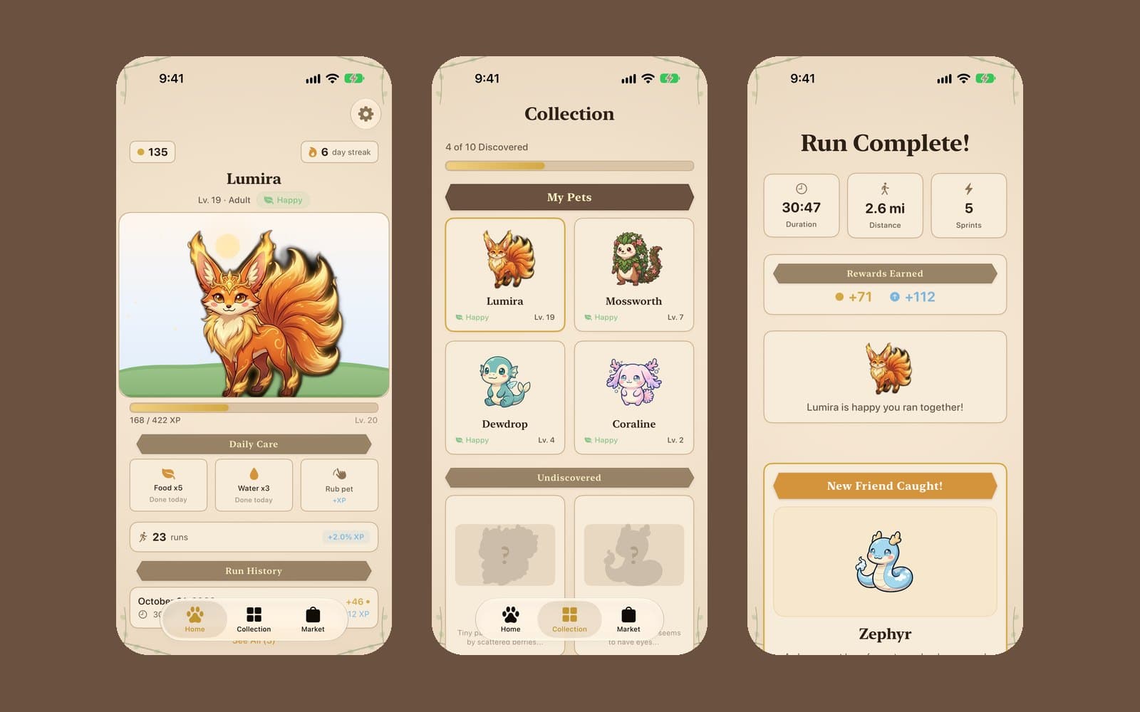 Three Ippo screens in its parchment storybook style: a fiery fox pet on the home screen, a collection with four of ten pets found, and a run summary with a newly caught pet.
