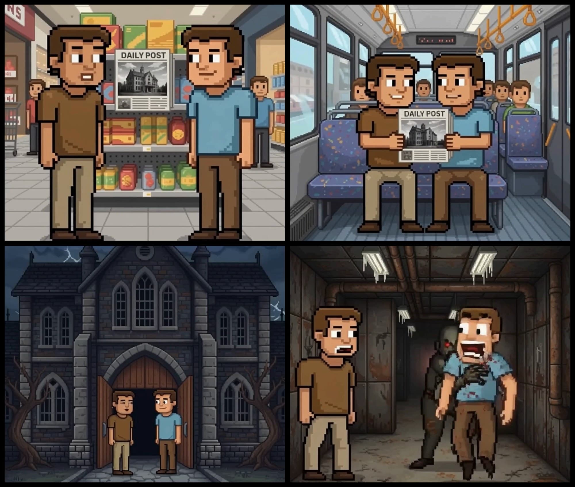 Four frames from Maze Antidote's cutscene: two pixel-art friends with a Daily Post newspaper in a store, the pair on a bus, the two at the doors of a stone building at night, and a monster biting one of them in a dark hallway.