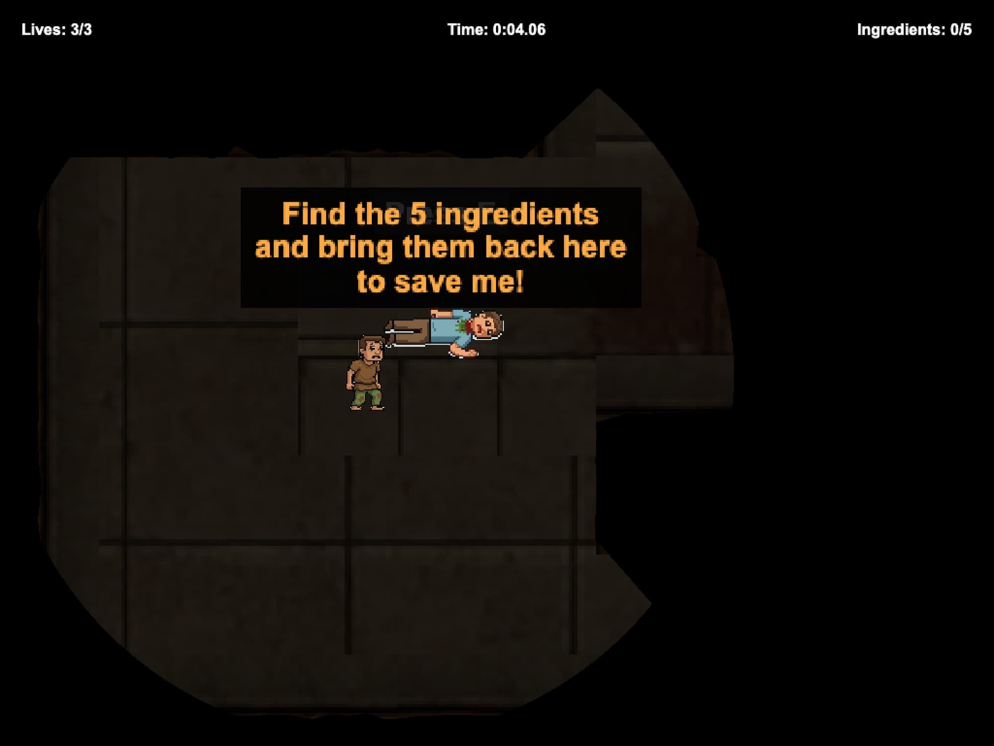 Maze Antidote in play: the pixel-art player beside a bitten friend on a stone floor, under the prompt 'Find the 5 ingredients and bring them back here to save me!', with lives, a timer and an ingredient count across the top.