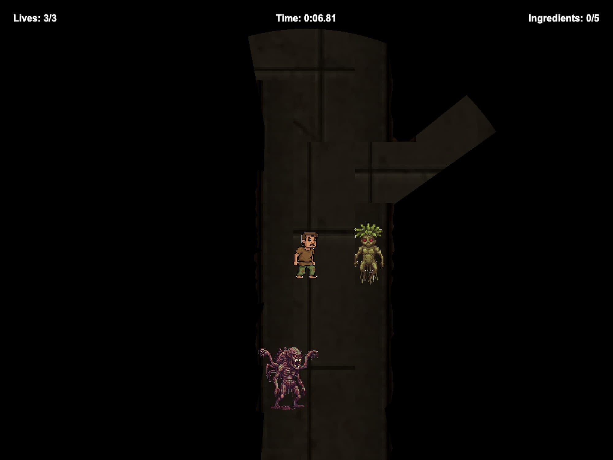 A lit stretch of the maze: the player standing beside the leafy, red-eyed Mandrake Root ingredient, with a pink, tentacled ghoul just below.