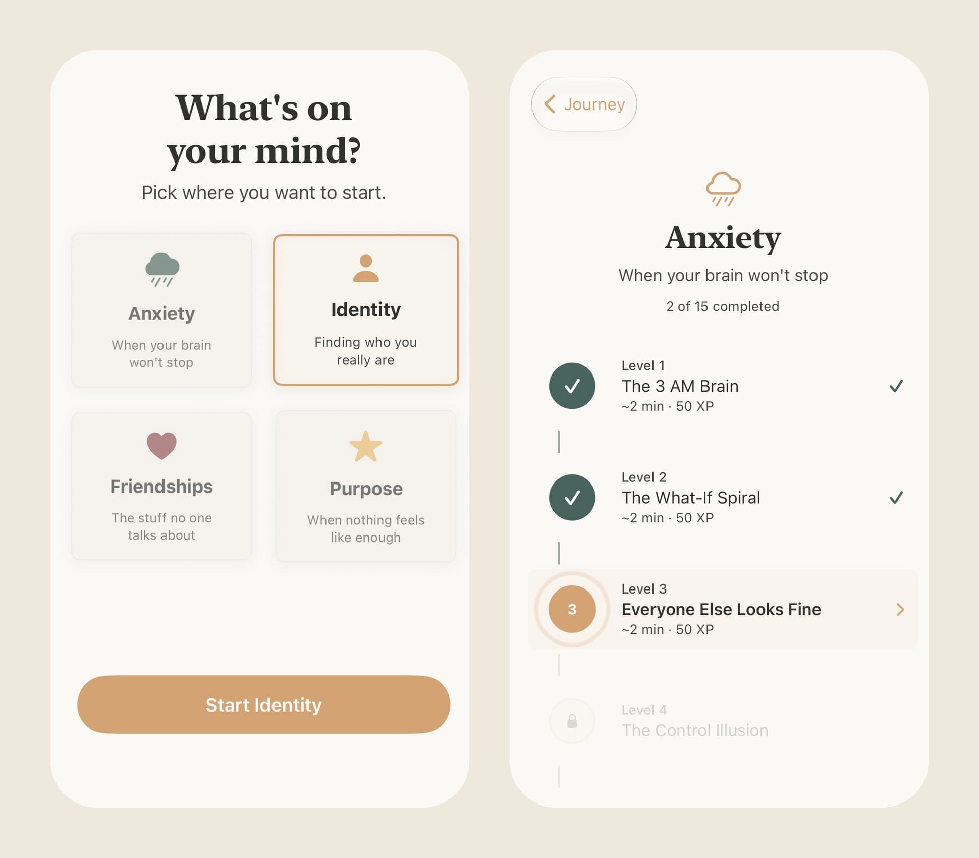 Two Path screens: the 'What's on your mind?' picker with Anxiety, Identity, Friendships and Purpose, Identity selected, and the Anxiety path map with two levels checked, level 3 current and level 4 locked.