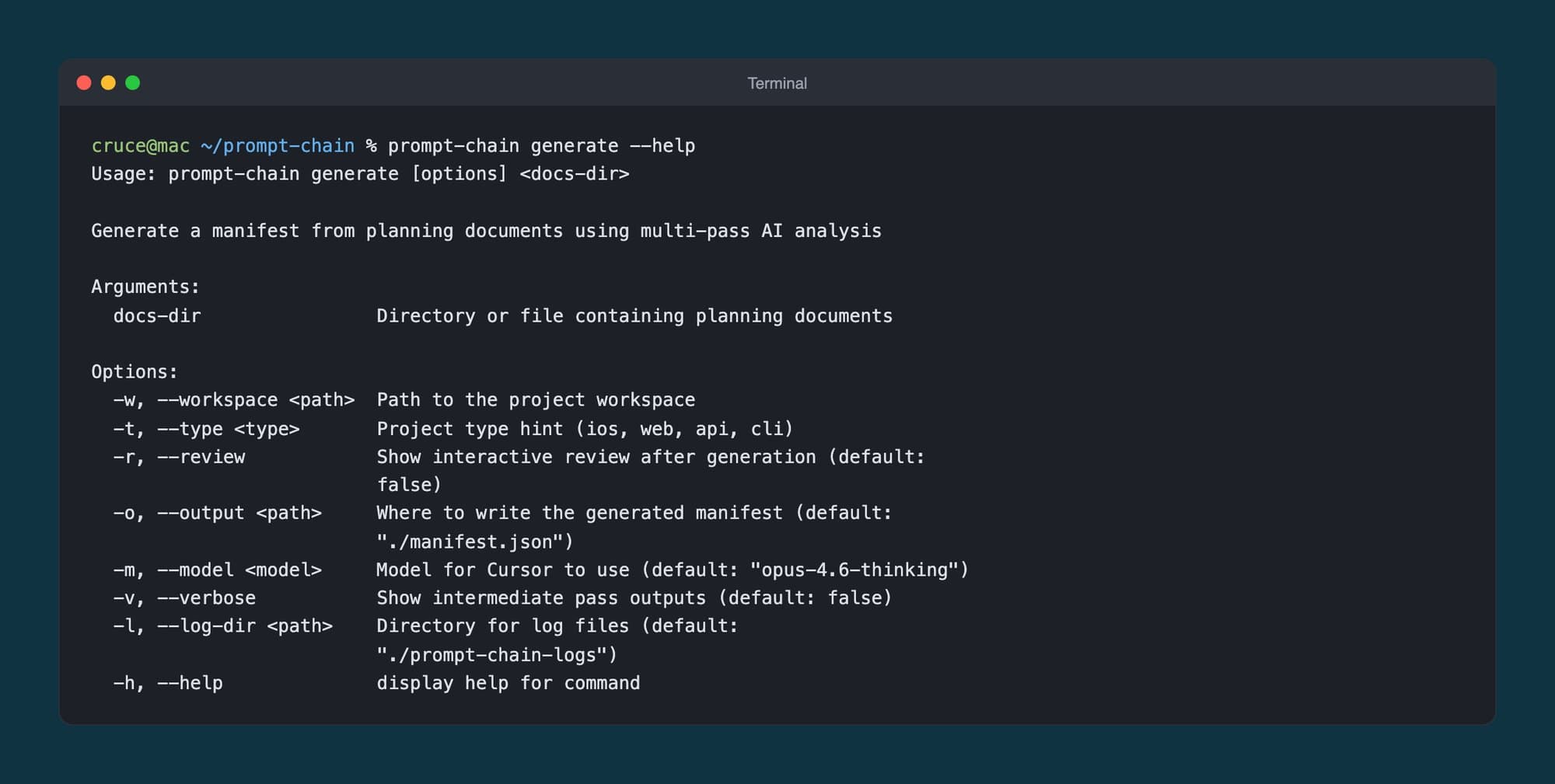 Terminal output of 'prompt-chain generate --help': options for the workspace, a project type hint, an interactive review, the output path, the model and verbose pass output.