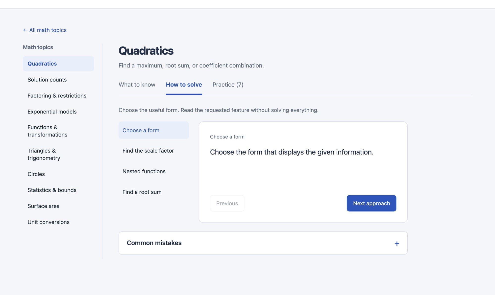 The How to solve tab for Quadratics: four approaches listed on the left, 'Choose a form' open on the right, and a Common mistakes section below.