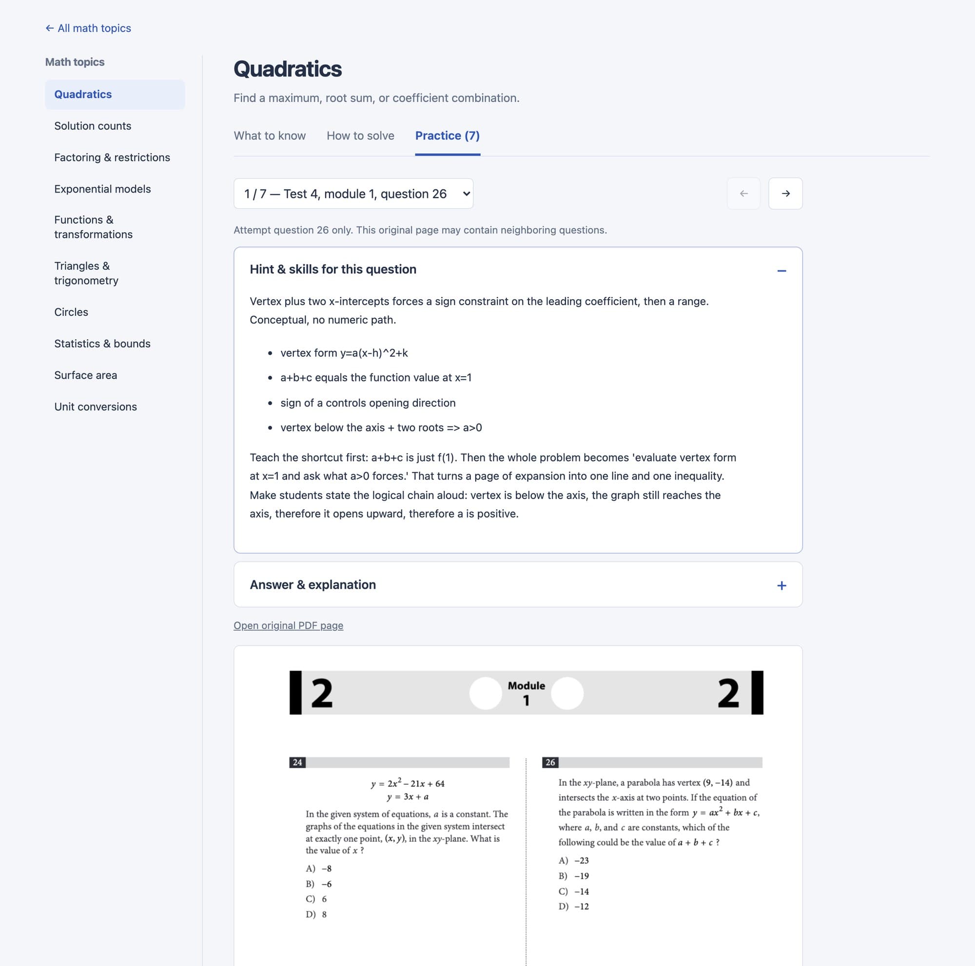 SAT Study Desk practice: question 1 of 7 from Practice Test 4, an open hint panel listing the skills it needs, and the original College Board test page rendered below.