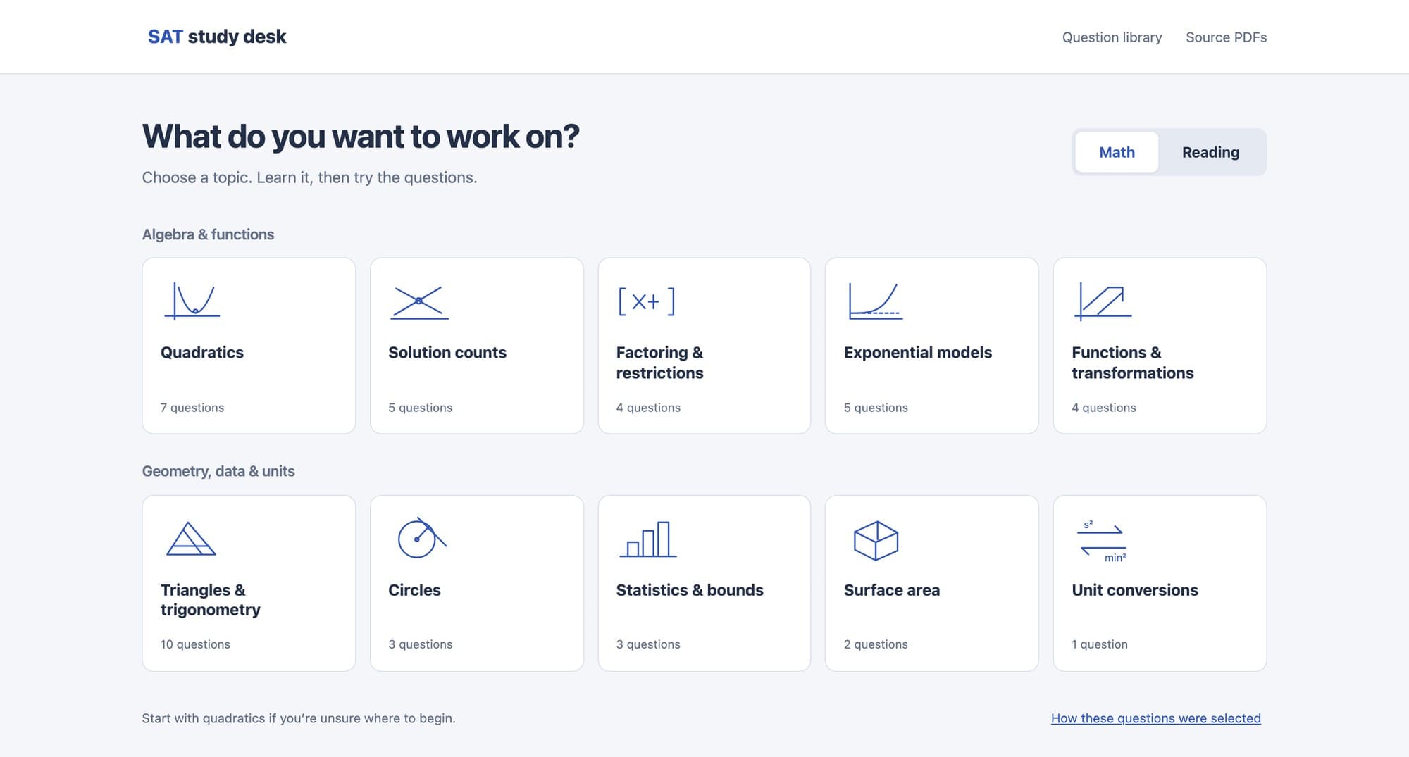 SAT Study Desk's home screen: 'What do you want to work on?' above a grid of math topics such as Quadratics, Solution counts and Circles, each with its question count.