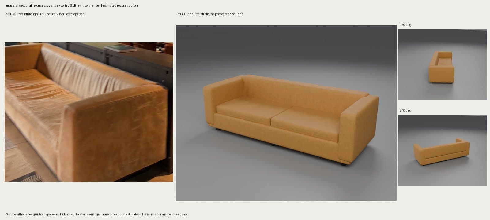 Side-by-side check: a video frame of the real mustard leather sofa, the rebuilt 3D sofa in a gray studio, and two smaller rotated views.