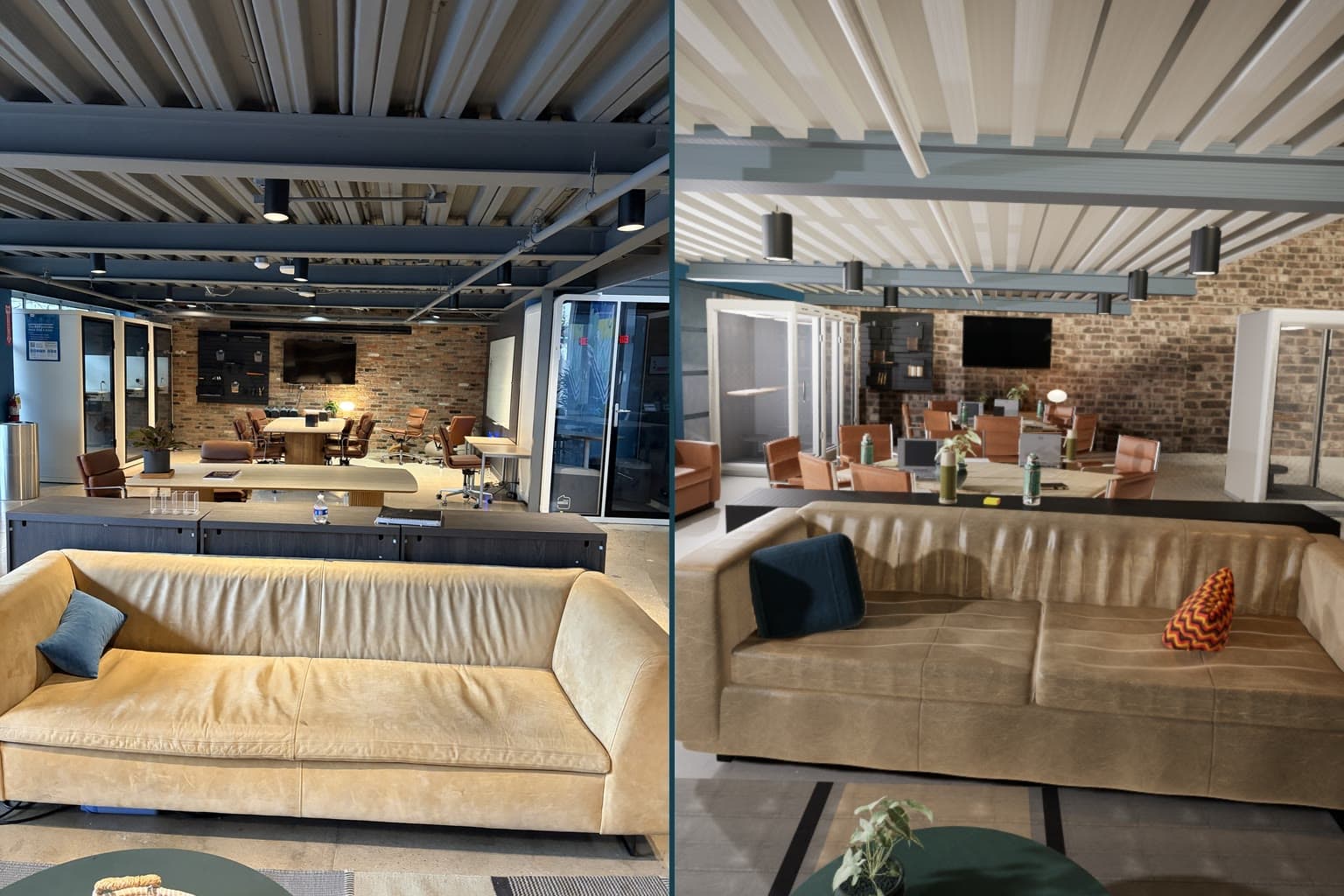Side by side: a photo of the school's downstairs lounge with a tan leather sofa, and the Unreal render of the same view from the same camera position.