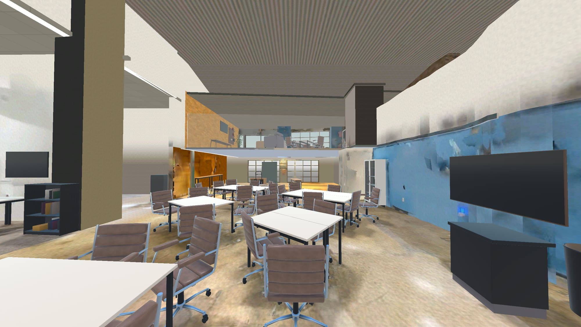 First-person view inside the earlier Godot build: rows of white tables and leather chairs, a blue wall with a TV, and the mezzanine overhead.