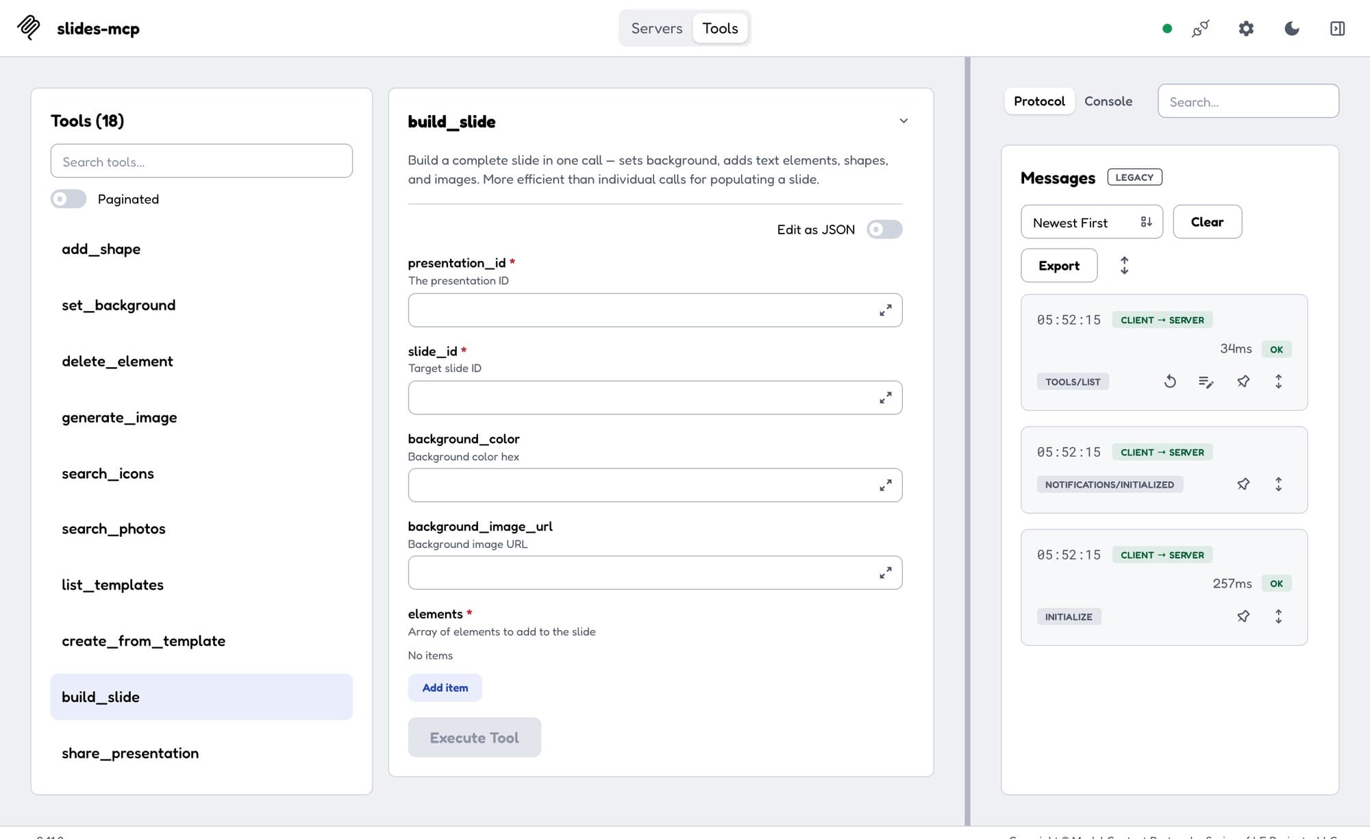 The MCP Inspector connected to slides-mcp: the list of 18 tools on the left and the build_slide form on the right, with fields for presentation ID, slide ID, background and elements.