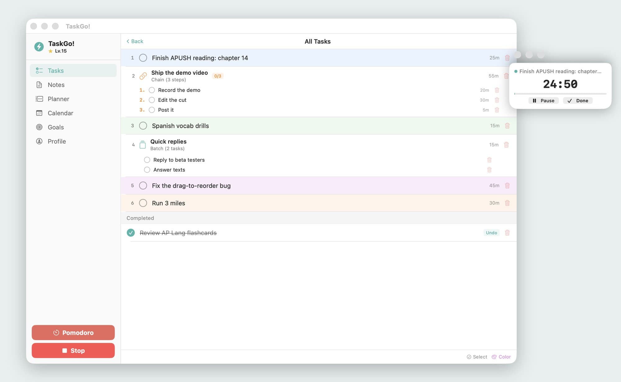 TaskGo!'s window with a prioritized task list, a three-step chain and a batch, next to a floating timer counting down 24:50 on the first task. Sample tasks.