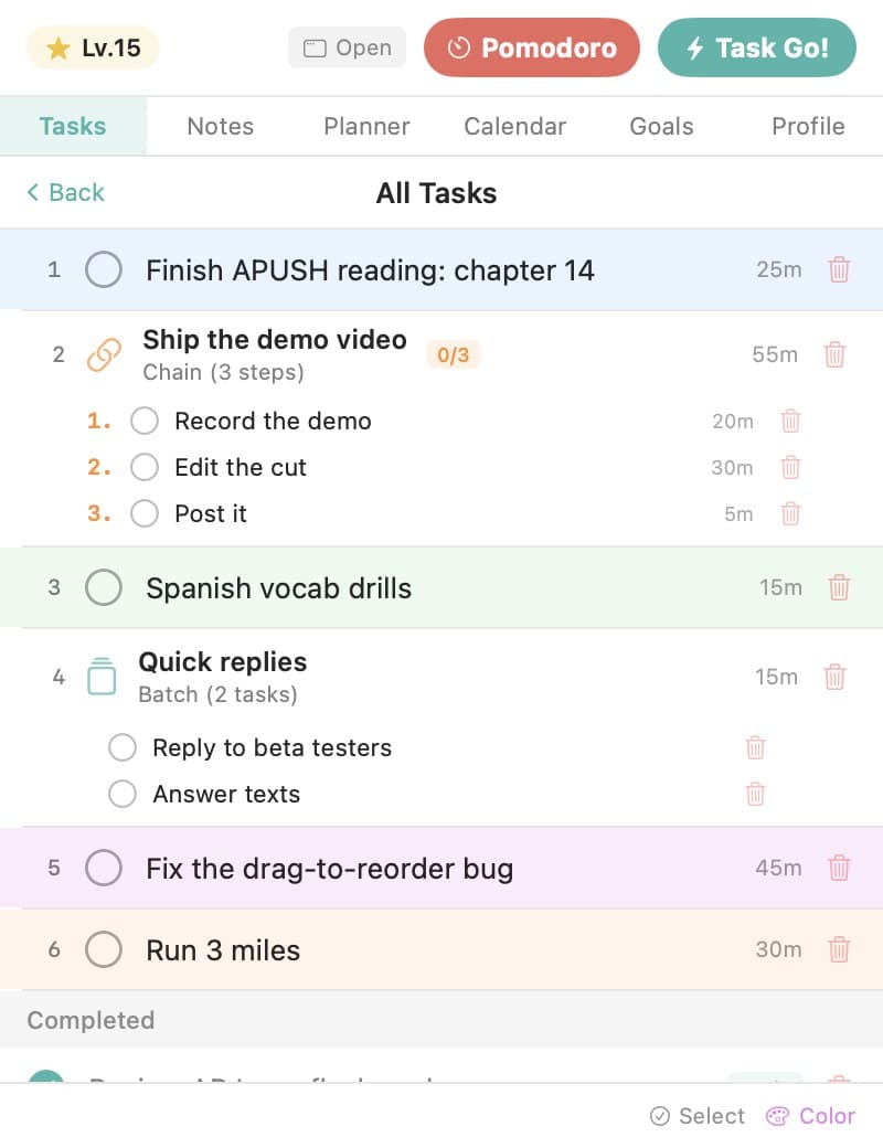 TaskGo!'s menu-bar popover: a level badge, Pomodoro and Task Go! buttons, six tabs and a color-coded task list. Sample tasks.