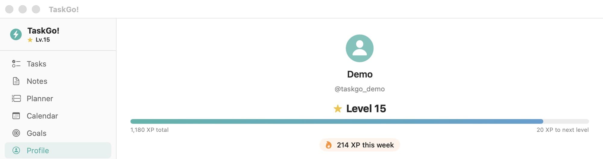 TaskGo!'s profile tab: Level 15, a progress bar at 1,180 XP with 20 XP to the next level, and 214 XP this week. Demo account.