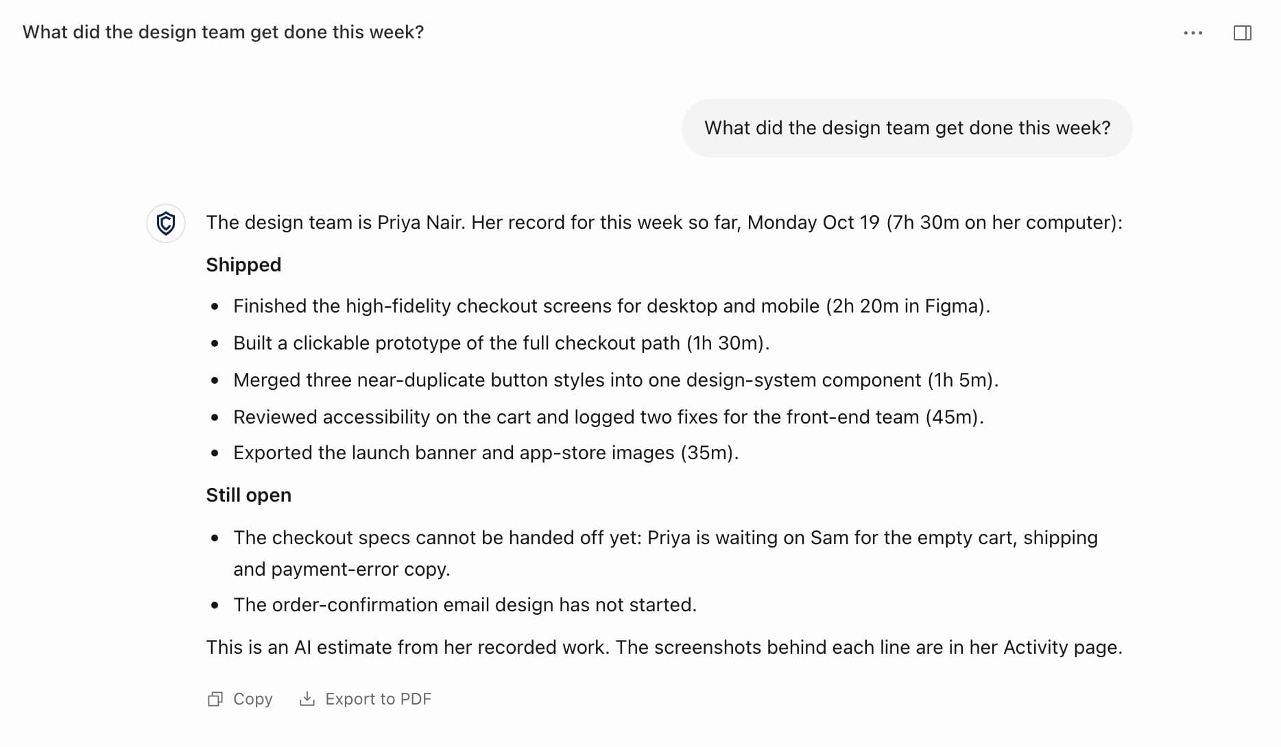 Crawft's Assistant answering “What did the design team get done this week?” with a list of what one demo user shipped and what is still open, plus Copy and Export to PDF buttons.