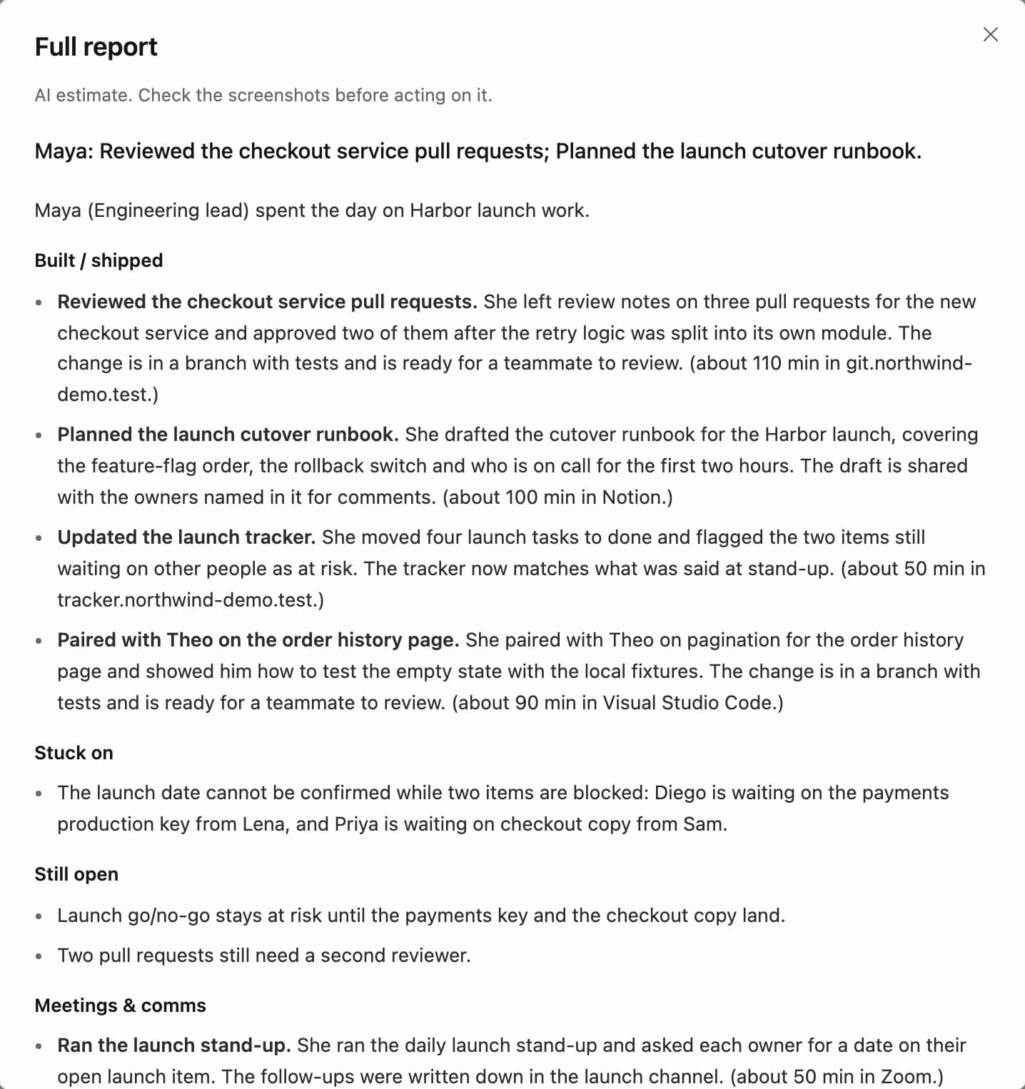 Crawft's full daily report for a demo user: what she built and shipped, what she was stuck on, what is still open and her meetings, with the minutes spent and the tool used for each piece of work.