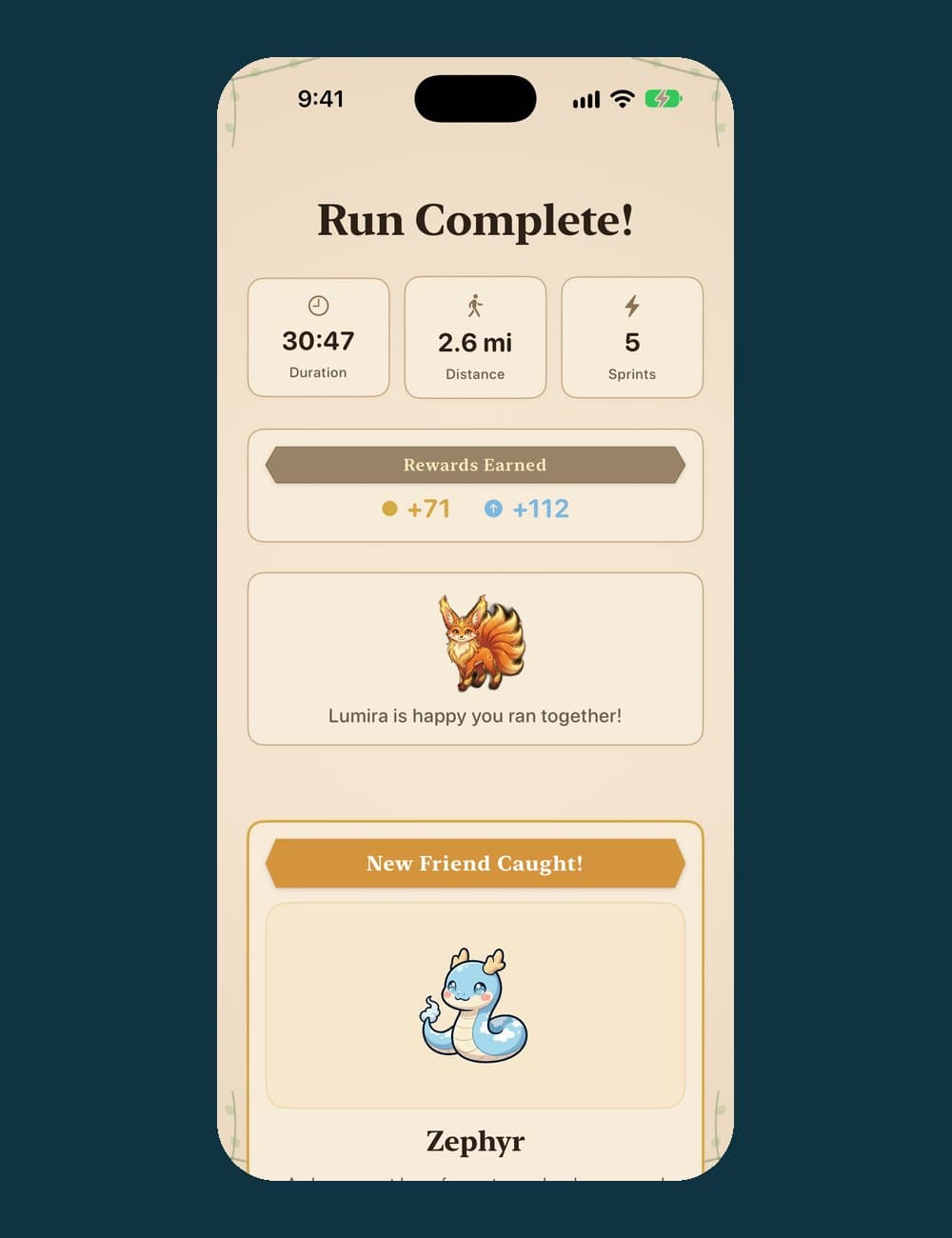 Ippo's Run Complete screen: 30:47, 2.6 miles, 5 sprints, 71 coins and 112 XP earned, Lumira happy, and a newly caught pet named Zephyr.