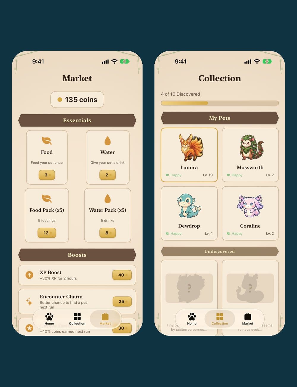 Two Ippo screens: the Market selling food, water, an XP Boost and an Encounter Charm for coins, and the Collection with four of ten pets discovered.