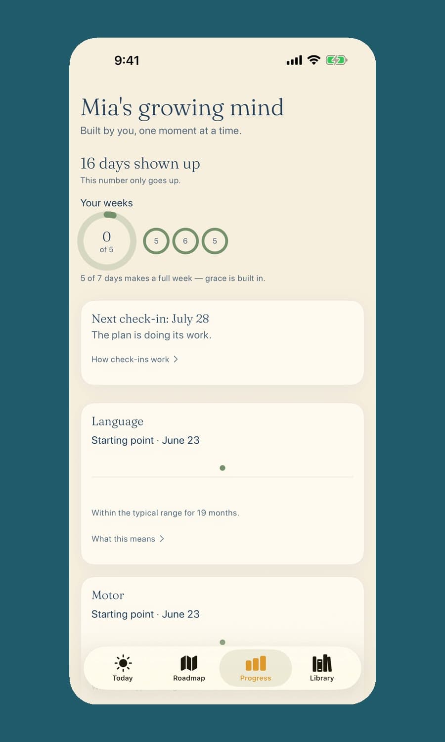 NestIQ's progress page, Mia's growing mind: 16 days shown up, weekly rings, the next check-in date, and starting points for language and motor skills.