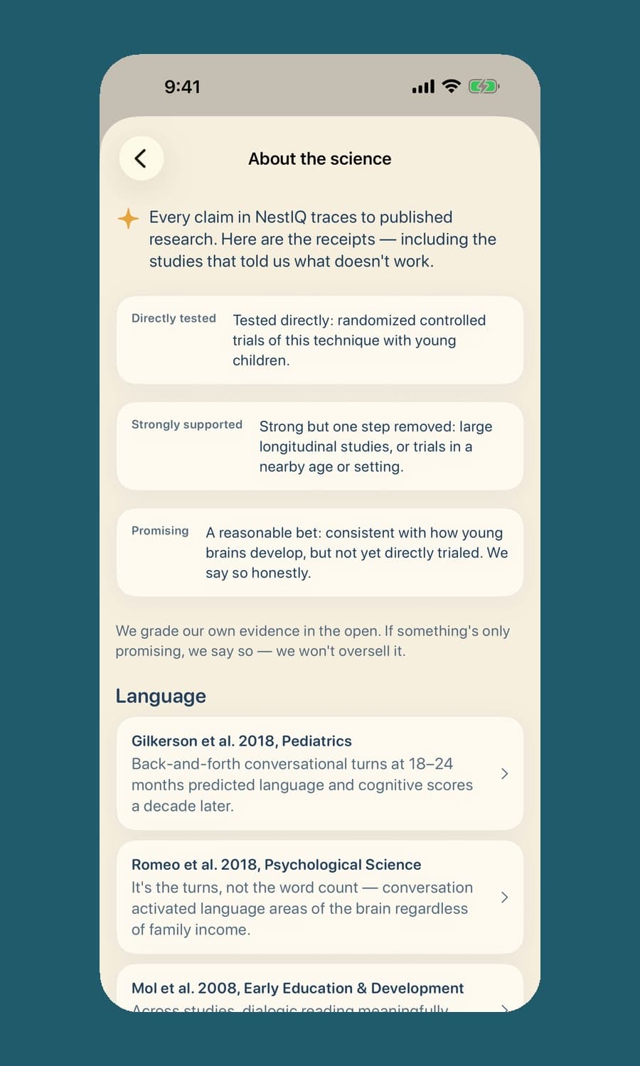 NestIQ's About the science page: evidence grades from directly tested to promising, and a list of language studies with their journals and findings.